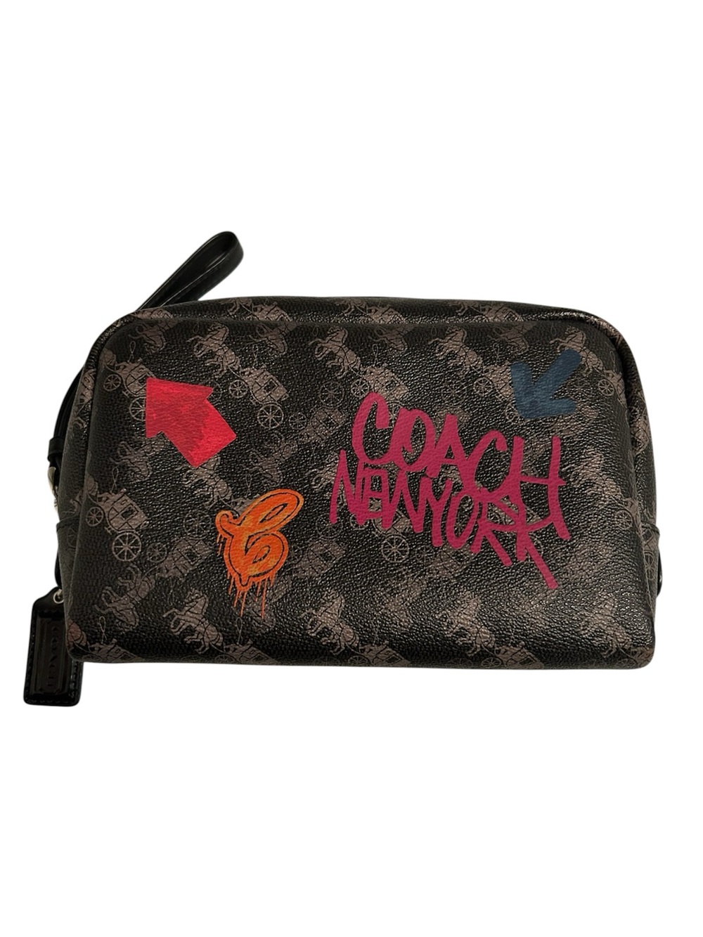 Coach Black Graffiti Logo Cosmetic Pouch with Pink, Blue & Red Accents